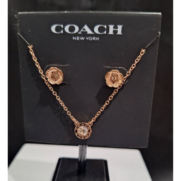 NWT Coach New York Rose Gold-Tone Crystal Necklace & Tea Rose Stud Earrings Set - Picture 4 of 6